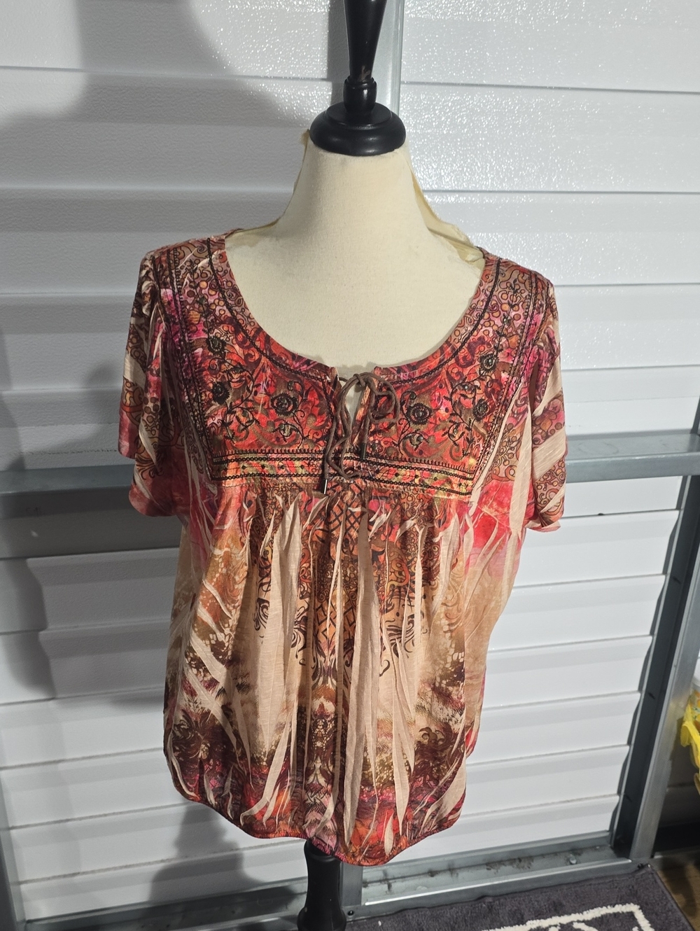 One World Boho Tie-Front Women's Blouse in‎ Coral and Beige Size 3X